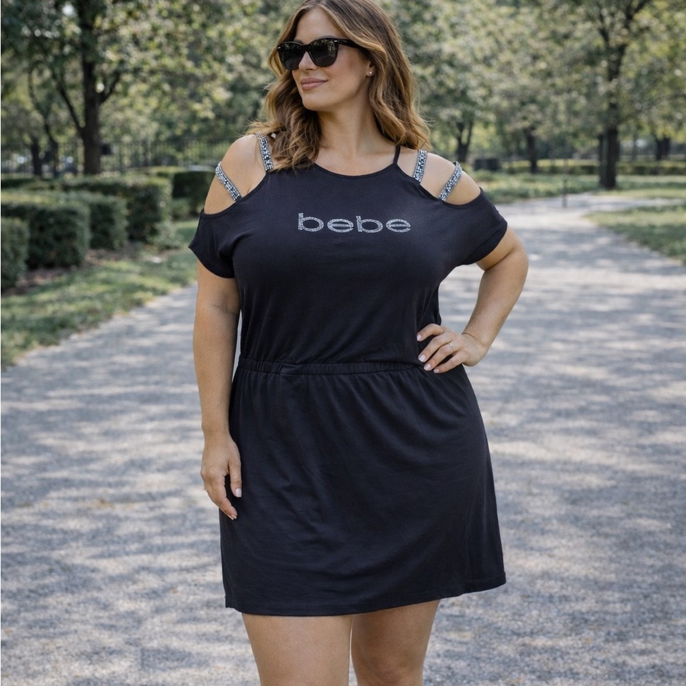 NEW Bebe Cold Shoulder Rhinestone Logo Dress Black Y2K Party Club McBling Sz 3X